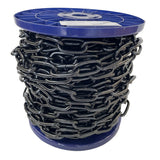 Spool of black chain on a blue plastic reel with a white background