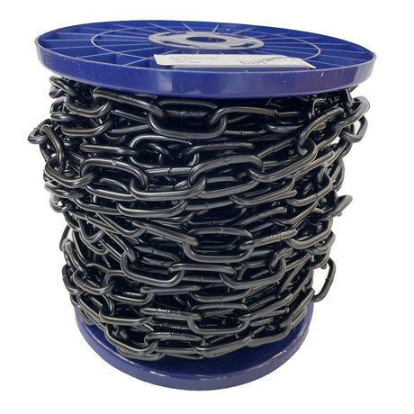 Spool of black chain on a blue plastic reel with a white background