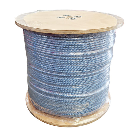 Spool of 10mm blue rope on a wooden reel with a white background