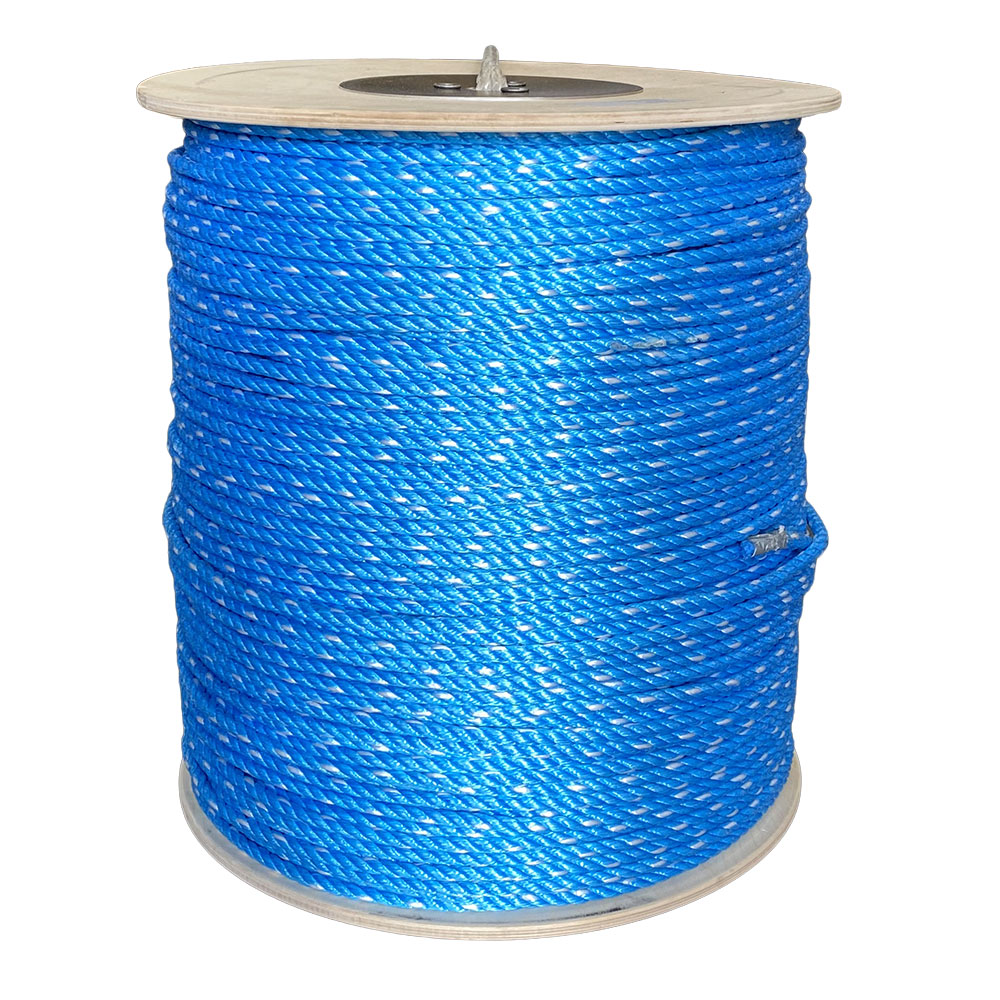 Spool of 12mm blue polypropylene rope with a white fleck on a plywood reel against a white background.
