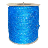 Spool of 12mm blue polypropylene rope with a white fleck on a plywood reel against a white background.