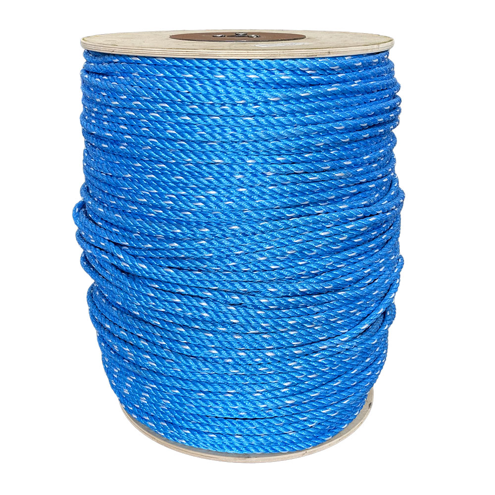 Spool of 14mm blue polypropylene rope with a white fleck on a plywood reel against a white background.