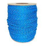 Spool of 14mm blue polypropylene rope with a white fleck on a plywood reel against a white background.