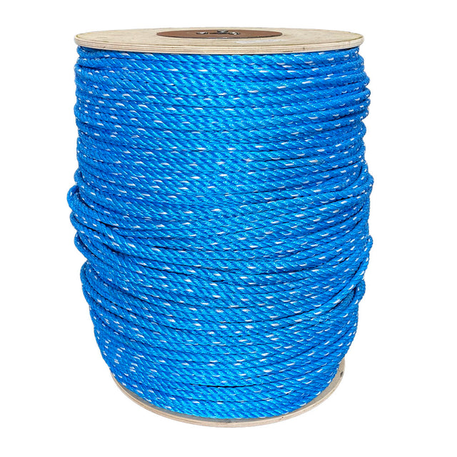 Spool of 14mm blue polypropylene rope with a white fleck on a plywood reel against a white background.