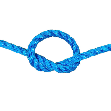 Close-up of 14mm blue polypropylene rope in a knot with a white backgroud