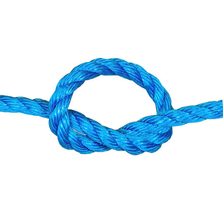 Close-up of 16mm blue polypropylene rope in a knot with a white backgroud