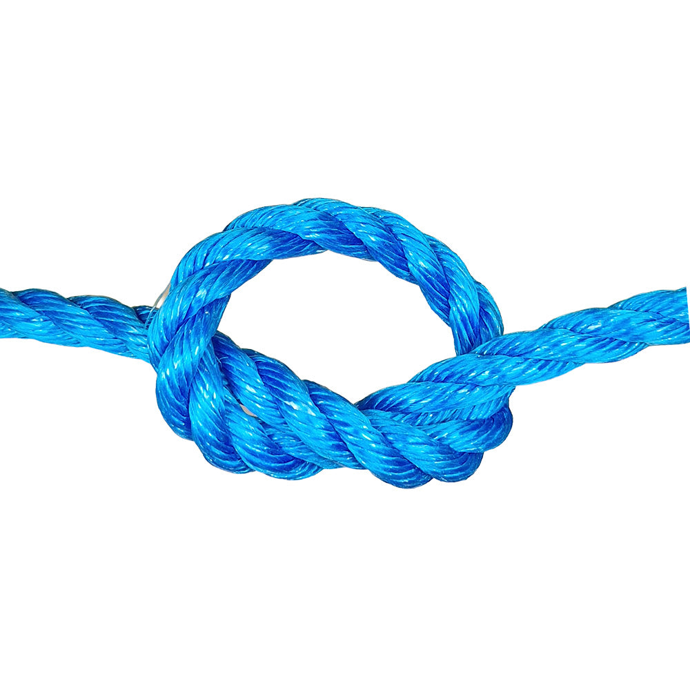 Close-up of 18mm blue polypropylene rope in a knot with a white backgroud