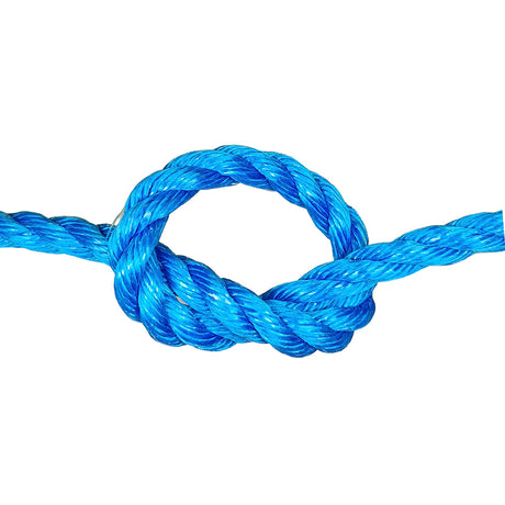 Close-up of 18mm blue polypropylene rope in a knot with a white backgroud