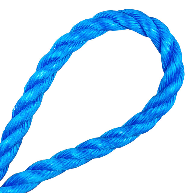 Close-up of 24mm blue polypropylene rope in a loop with a white backgroud