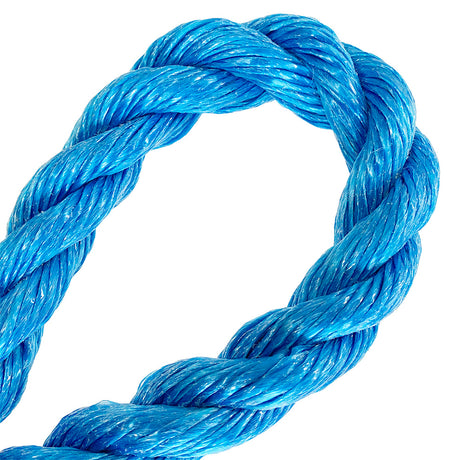 Close-up of 28mm blue polypropylene rope in a loop with a white backgroud