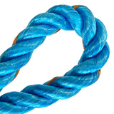 Close-up of 32mm blue polypropylene rope in a loop with a white backgroud