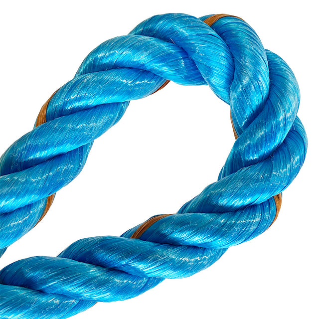 Close-up of 32mm blue polypropylene rope in a loop with a white backgroud
