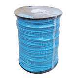 shrinkwrapped spool of 6mm blue polypropylene rope on a black plastic reel with a white background