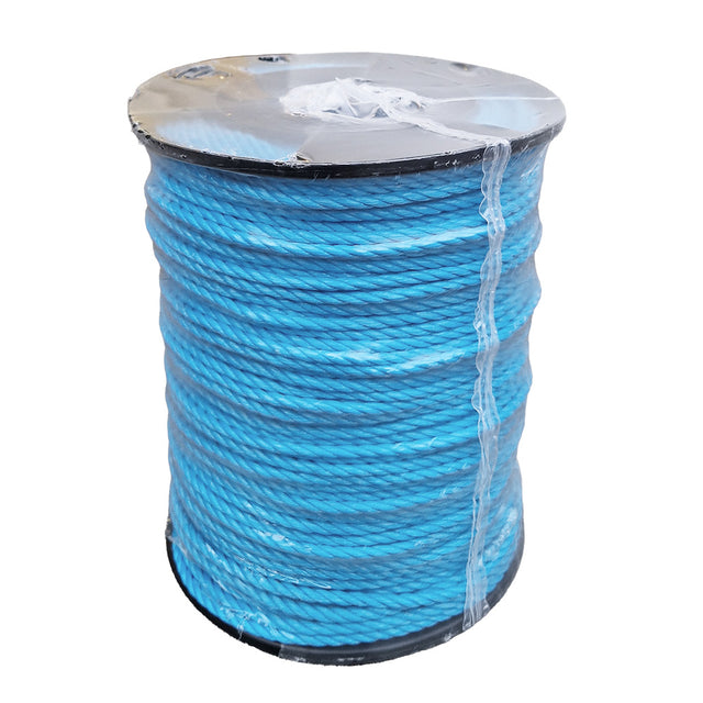 shrinkwrapped spool of 6mm blue polypropylene rope on a black plastic reel with a white background
