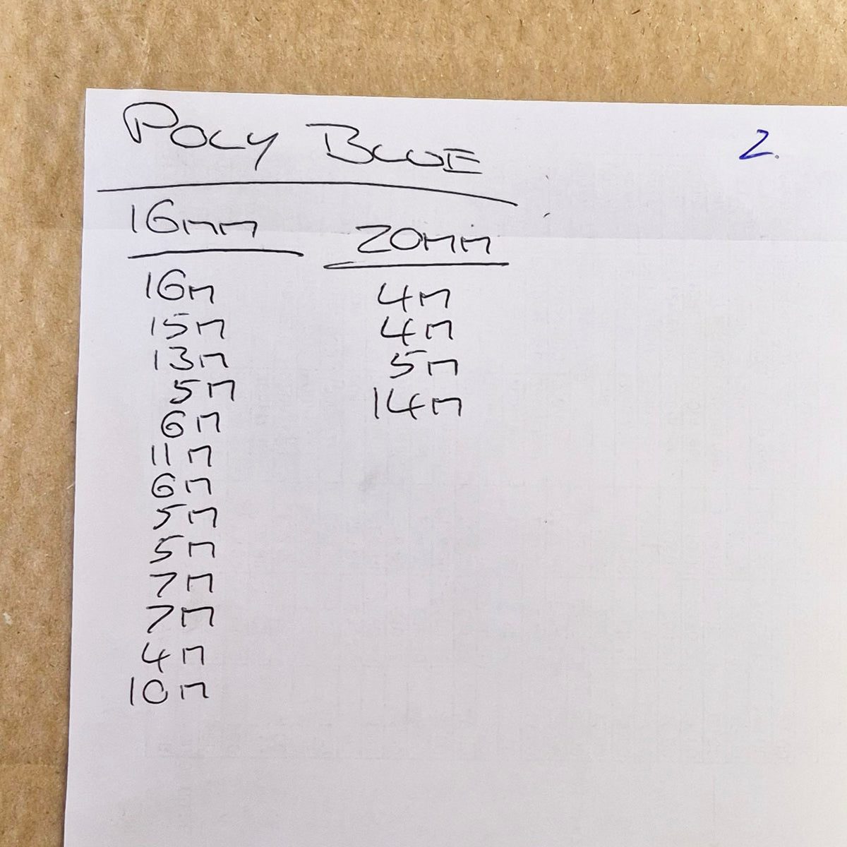 A handwritten size chart on a white sheet of paper titled 'Poly Blue' with measurements for sizes 16mm and 20mm, placed on a brown kraft paper background.