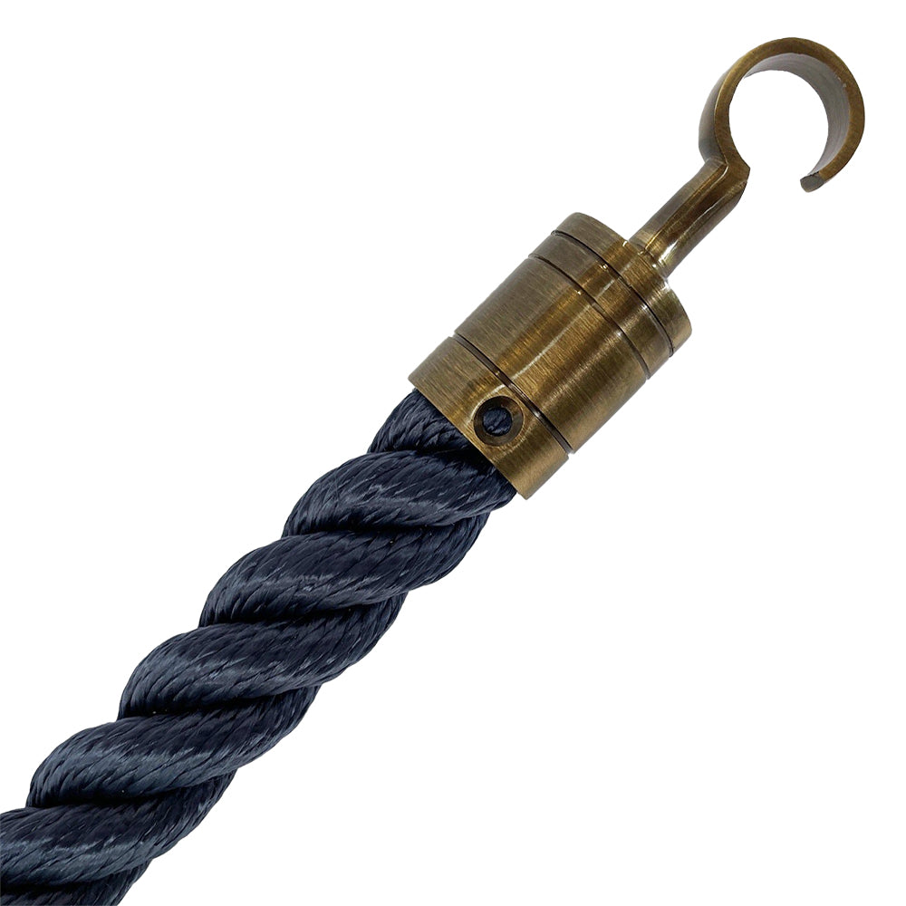 Navy blue rope with a brass hook on a white background