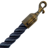 Navy blue rope with a brass hook on a white background