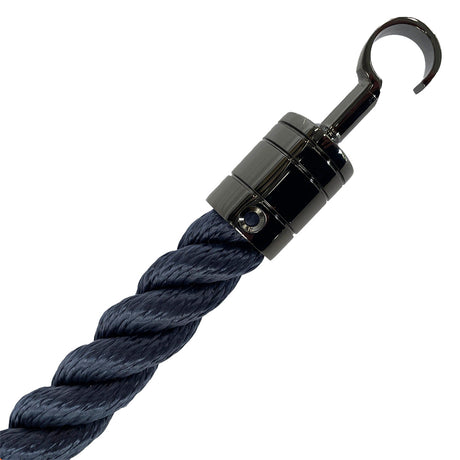 Black metal hook with black rope on a white background