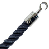 Navy blue rope with a silver metal hook on a white background