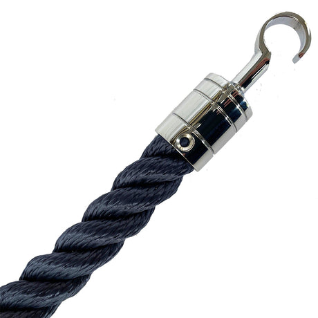 Navy blue rope with a silver metal hook on a white background