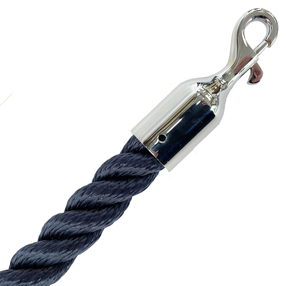 Navy blue rope with a silver metal hook on a white background