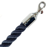 Navy blue rope with a silver metal hook on a white background