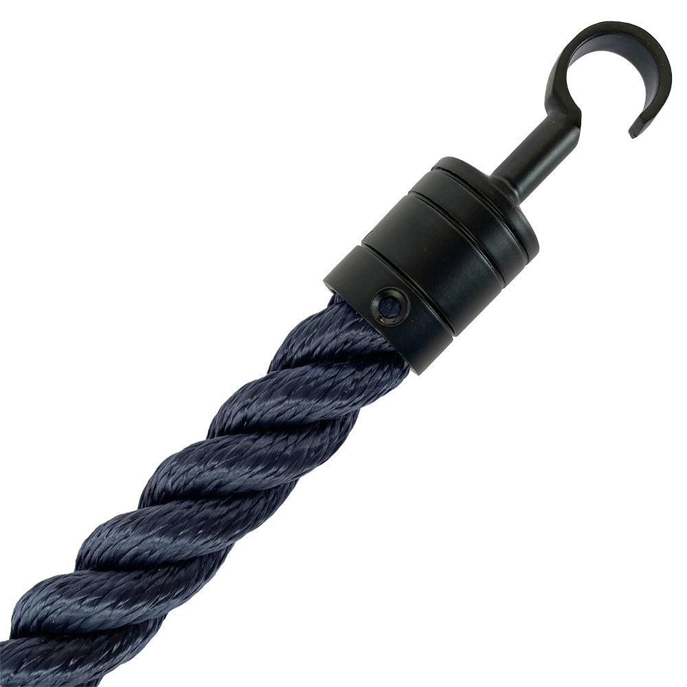 Black metal hook with a black rope on a white background
