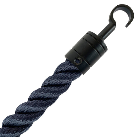 Black metal hook with a black rope on a white background