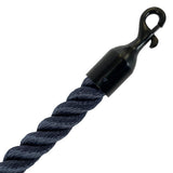 Black metal hook attached to a navy blue rope on a white background