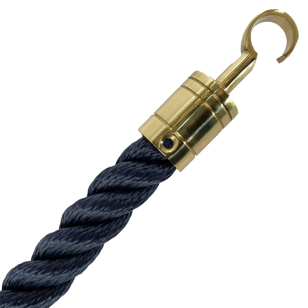 Navy rope with a gold metal hook on a white background