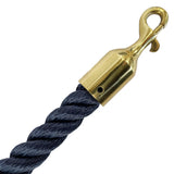 Gold hook attached to a black rope on a white background