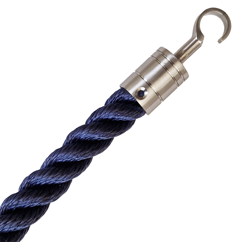 Navy blue rope with a metal hook on a white background