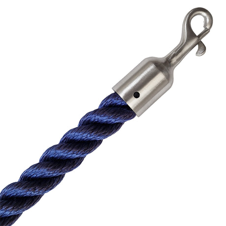 Navy blue rope with a metal hook on a white background