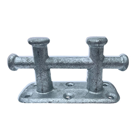 Galvanized steel double bollard eye bolt for marine or dock use, isolated on a white background.