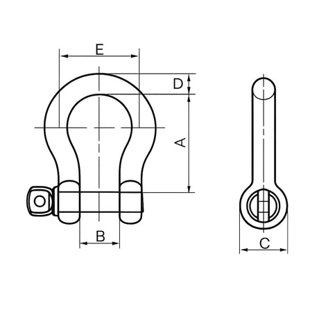 Technical line drawing of a metal bow shackle with dimension labels A, B, C, D, and E on a white background.