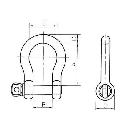 Technical line drawing of a heavy-duty shackle with dimension annotations A, B, C, D, E on a plain white background.