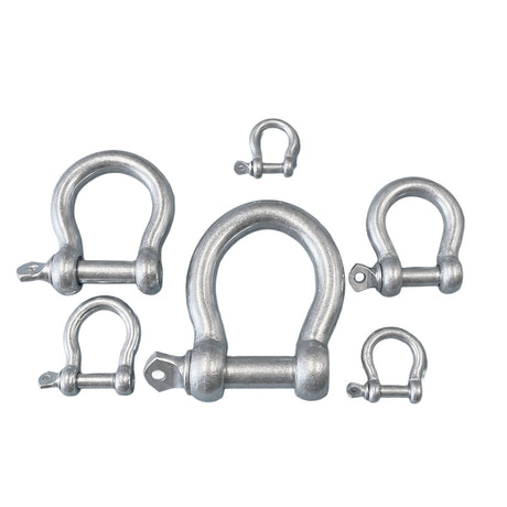 Six galvanised steel bow shackles in various sizes arranged on a plain white background.