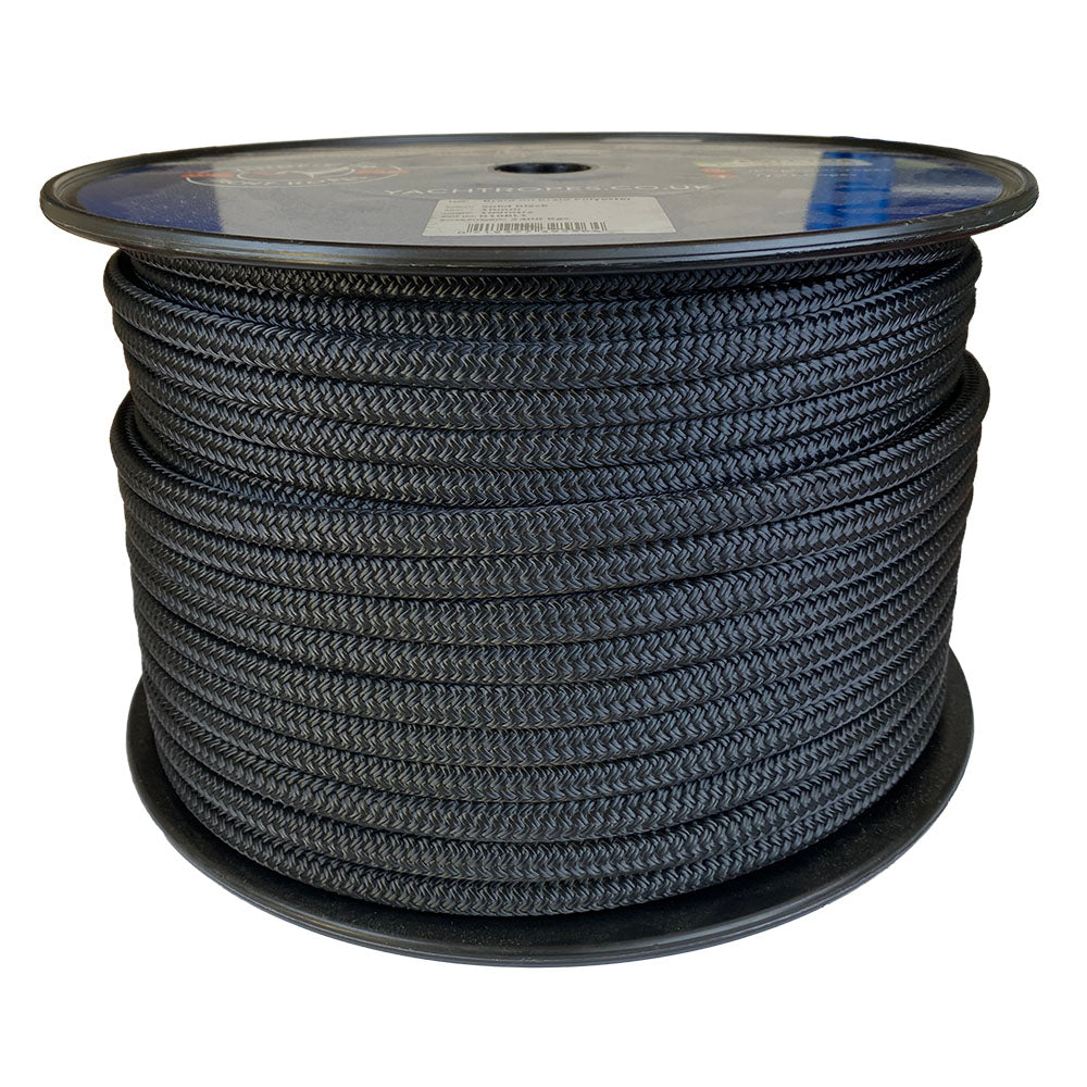Spool of 10mm Black braided rope with a blue Kingfisher label on a white background