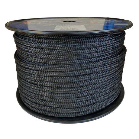 Spool of 10mm Black braided rope with a blue Kingfisher label on a white background