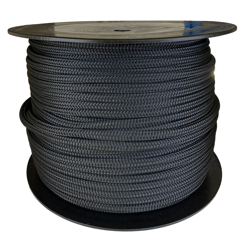 Spool of 12mm Black braided rope with a blue Kingfisher label on a white background