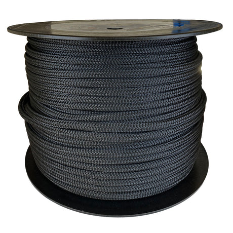 Spool of 12mm Black braided rope with a blue Kingfisher label on a white background