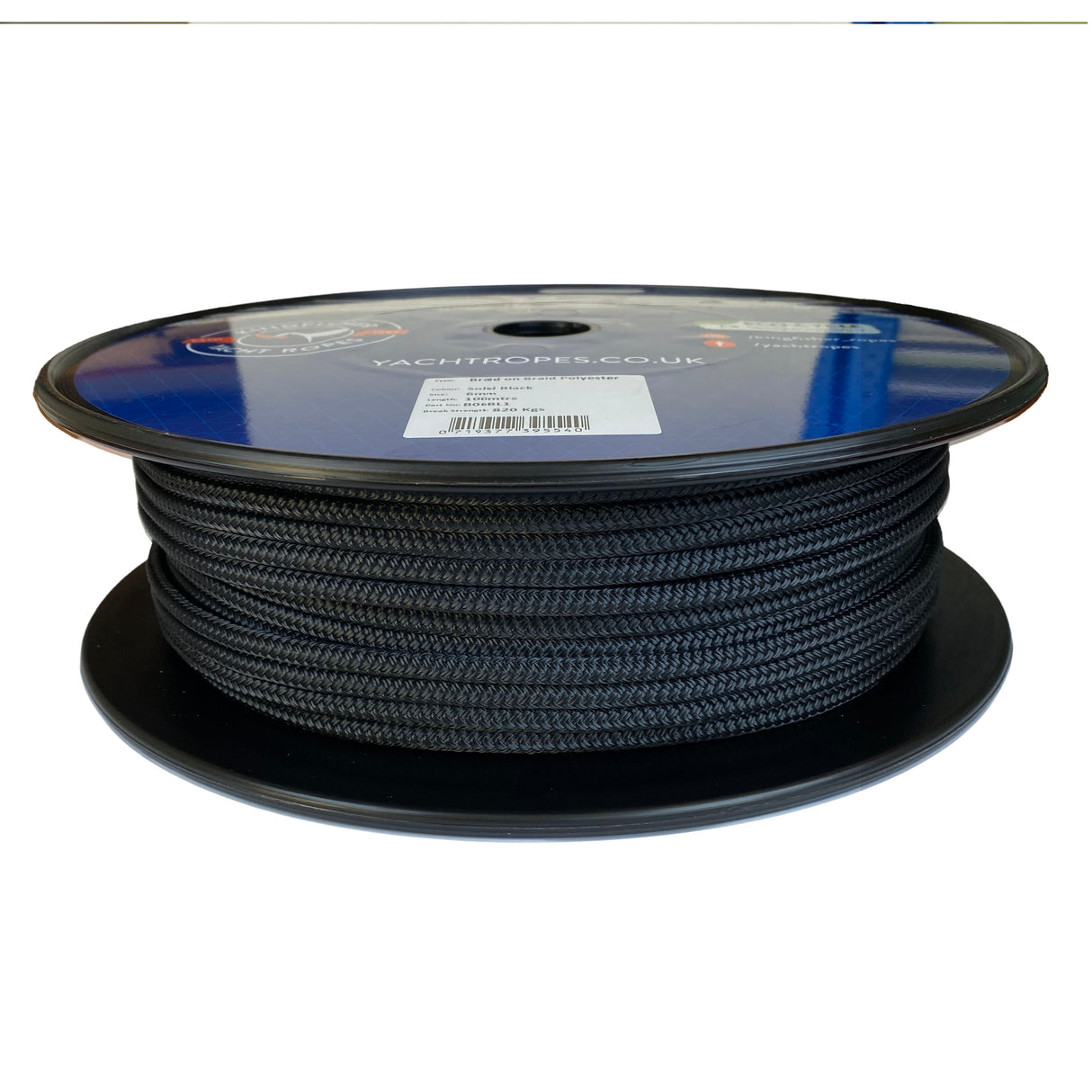 Spool of 6mm Black braided rope with a blue Kingfisher label on a white background