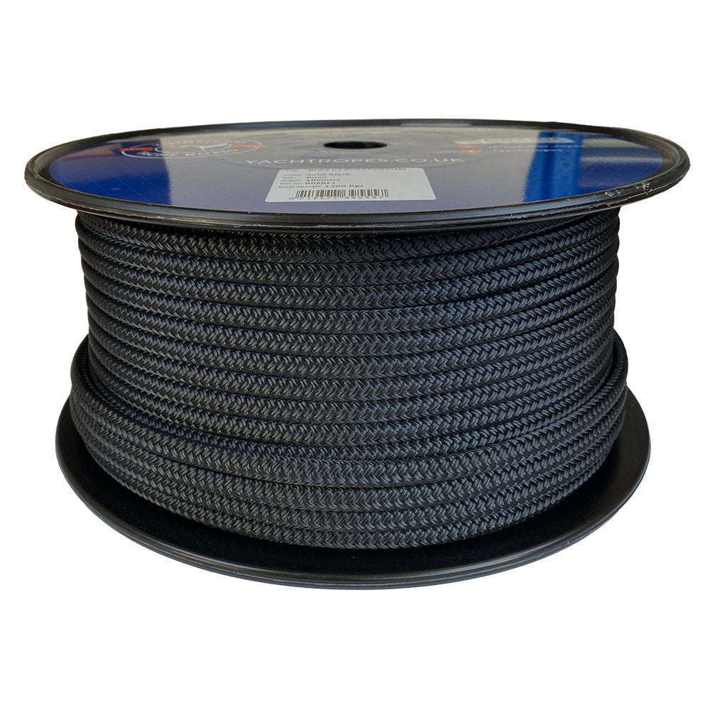 Spool of 8mm Black braided rope with a blue Kingfisher label on a white background