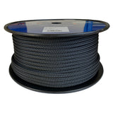 Spool of 8mm Black braided rope with a blue Kingfisher label on a white background