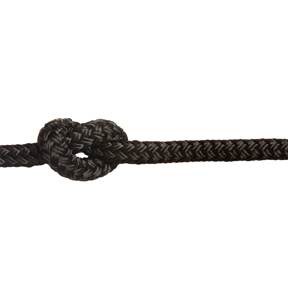 Close-up of a braided black rope with a knot on a white background