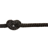 Close-up of a braided black rope with a knot on a white background