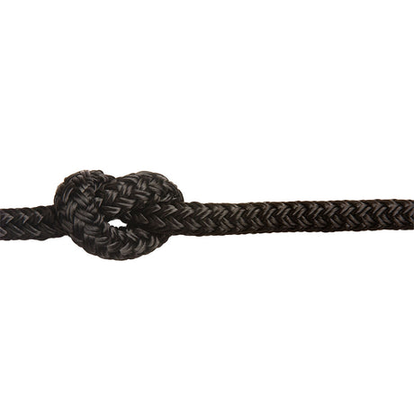Close-up of a braided black rope with a knot on a white background