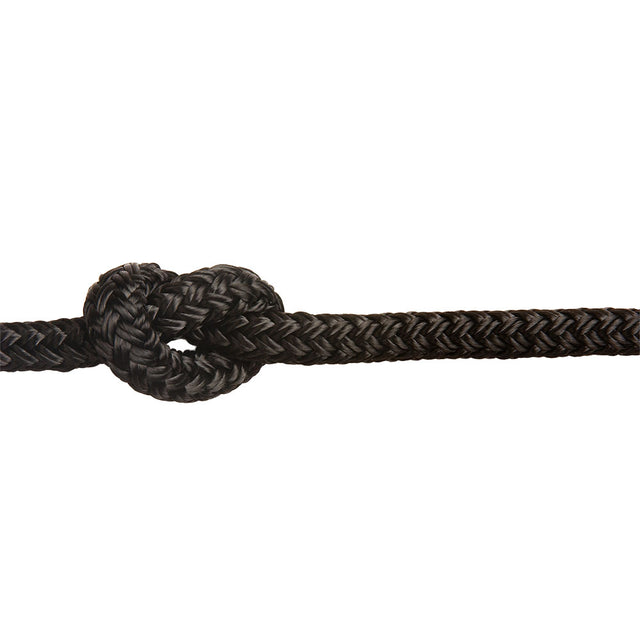 Close-up of a braided black rope with a knot on a white background