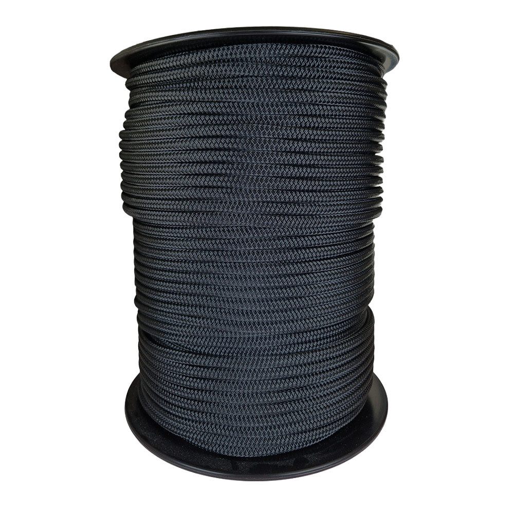 Spool of 10mm Black braided rope with a blue Kingfisher label on a white background