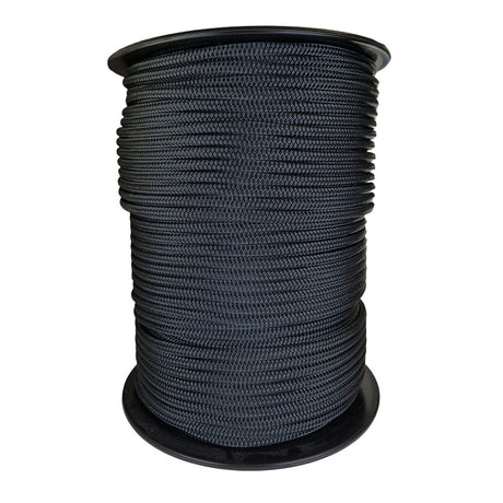 Spool of 10mm Black braided rope with a blue Kingfisher label on a white background